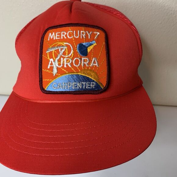 Mercury 7 Aurora Carpenter Patch NASA Space Mission Red Hat SnapBack Vtg - Picture 3 of 9